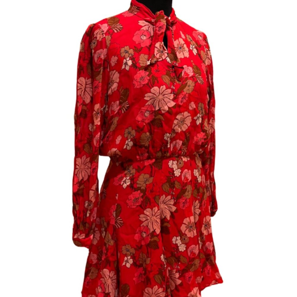 ZARA Bright Red Floral Patterned Blouson Mini Dress Size M